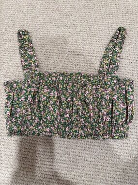 Cotton Floral Smocked Crop Top in Green and Pink